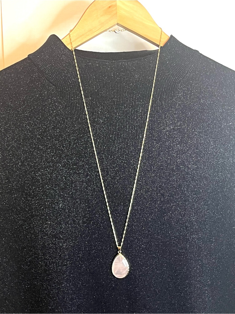 Faceted Teardrop Rose Quartz Pendant on a 29” Gold Tone Link Chain Necklace